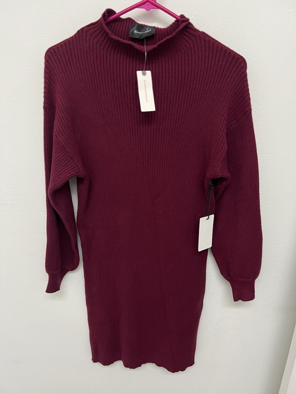 New Anthropologie Line and Dot Sweater Dress Long Sleeves Burgundy Red XS